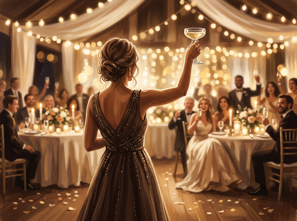 A wedding toast in warm golden light
